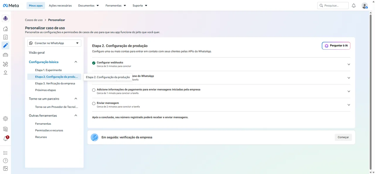 Etapa 2 da Meta, Configuração de produção, com a lista das quatro tarefas, começando por Configurar webhooks.