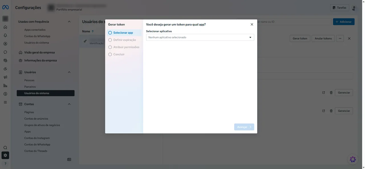 Primeira etapa do assistente Gerar token, com o seletor de aplicativo e o botão Avançar.