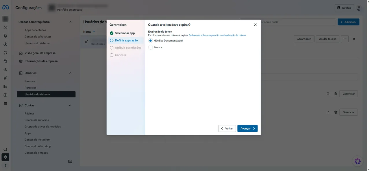 Etapa Definir expiração com as opções 60 dias (recomendado) e Nunca.